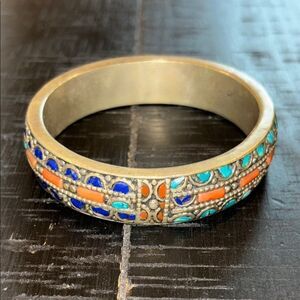 Vintage Old Silver Turquoise Coral Lapis Stone Colorful Mosaic Bangle Bracelet‌